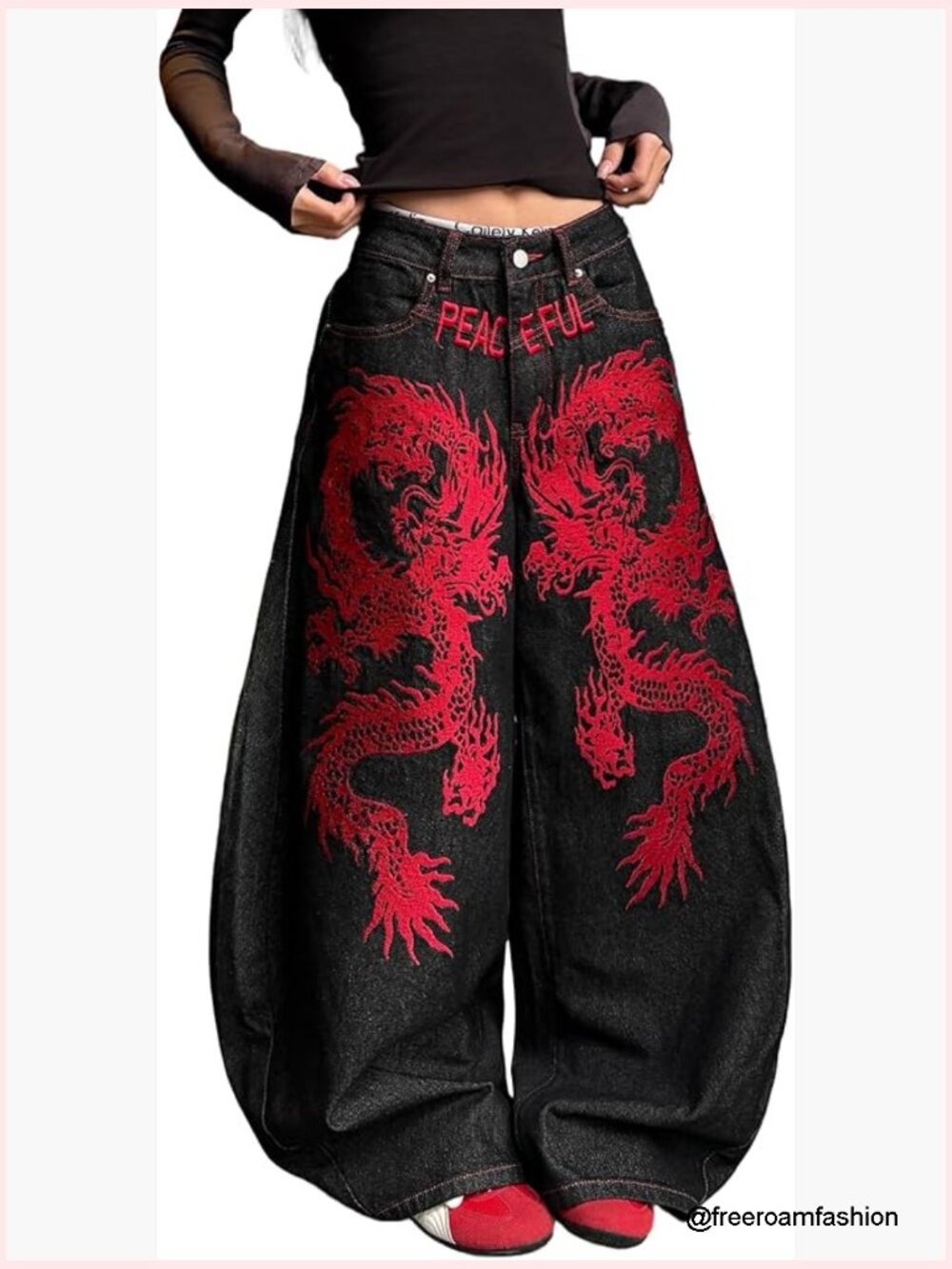 Embroidered Baggy Jeans Wide Leg Y2K Oversized Relaxed Streetwear Hip Hop Denim